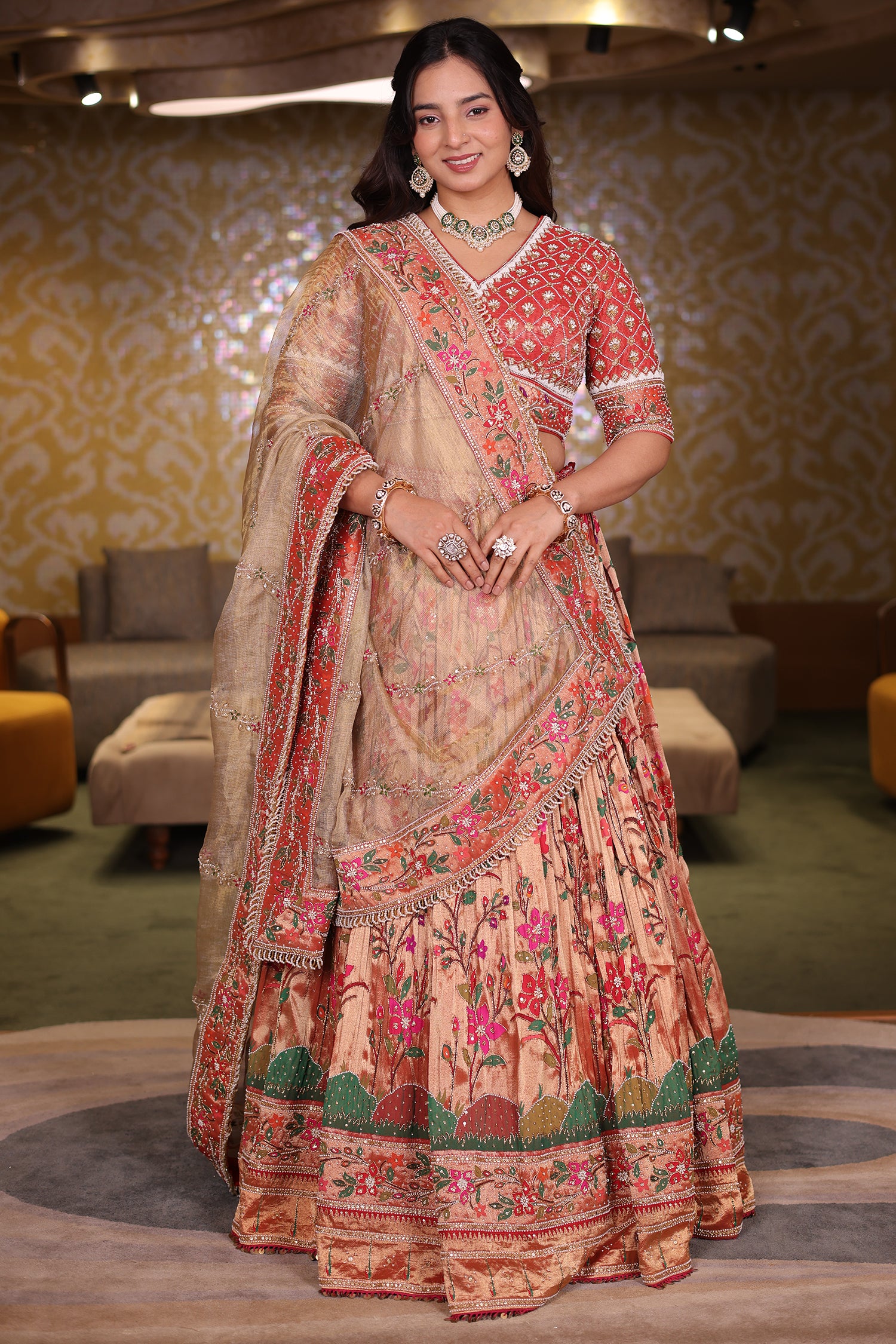 Rust Gold Tissue Silk Bridal Lehenga with Meenakari Paithani Weaving and Aari Zardosi Blouse