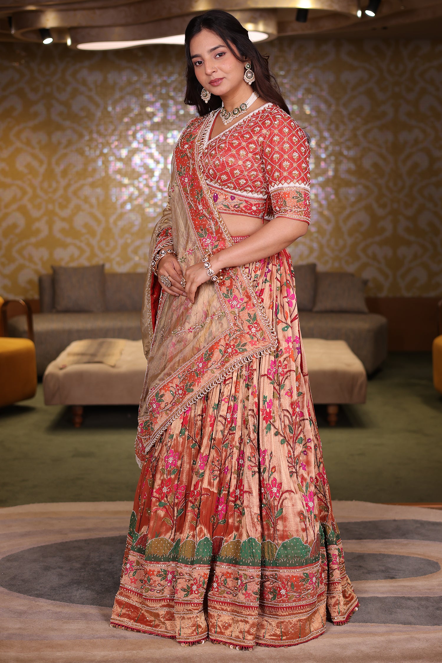 Rust Gold Tissue Silk Bridal Lehenga with Meenakari Paithani Weaving and Aari Zardosi Blouse