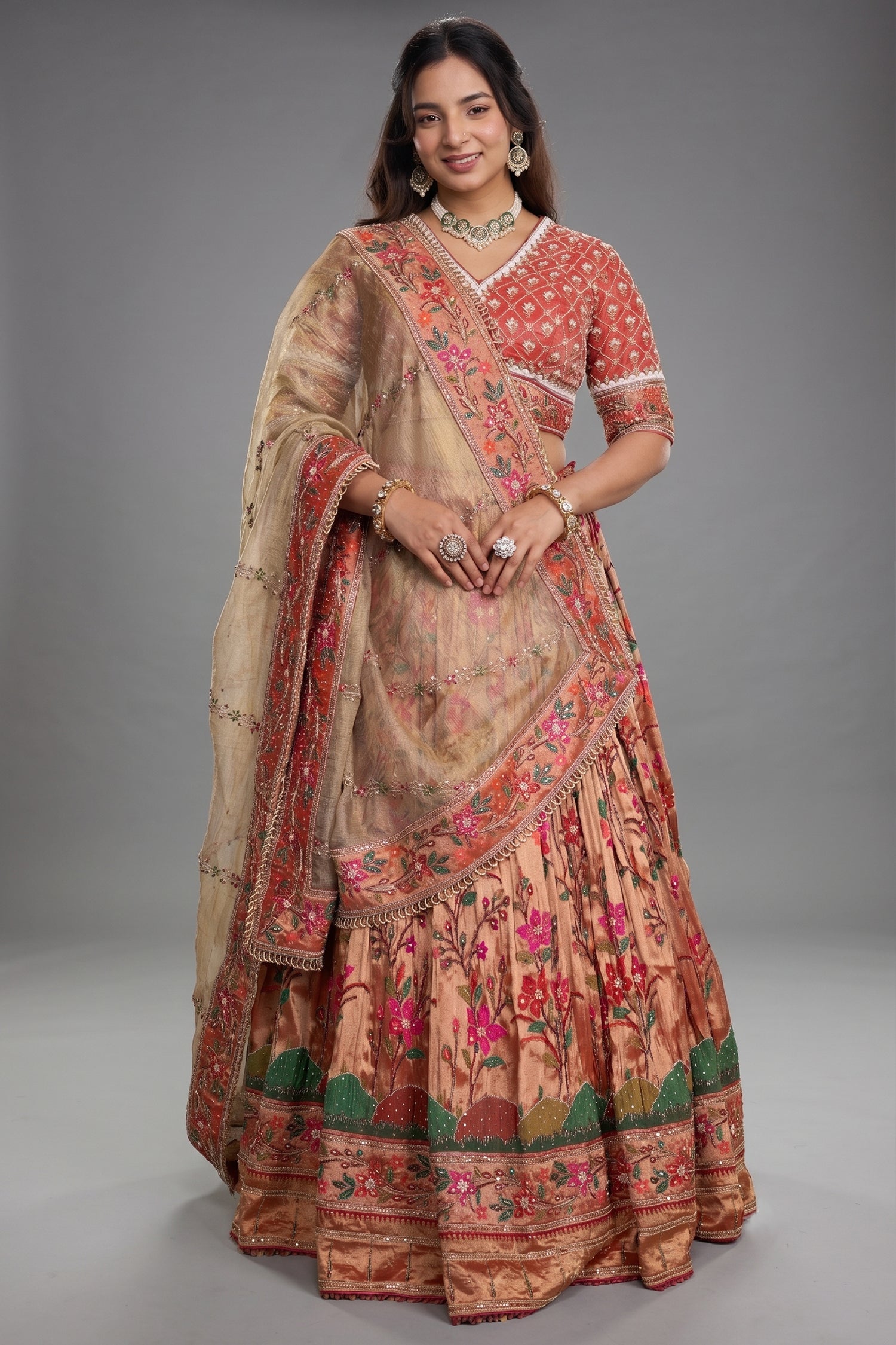 Rust Gold Tissue Silk Bridal Lehenga with Meenakari Paithani Weaving and Aari Zardosi Blouse