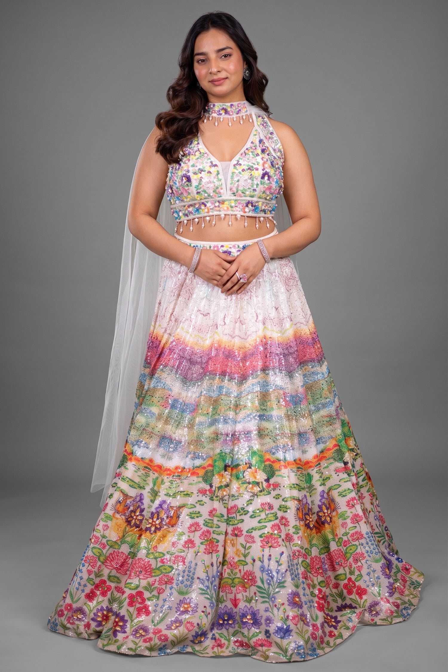 Ivory Crepe and Multi Colored Silk Floral Print Sequin Lehenga with Cutdana Net Choker Dupatta and Illusion Tie-Back Main image