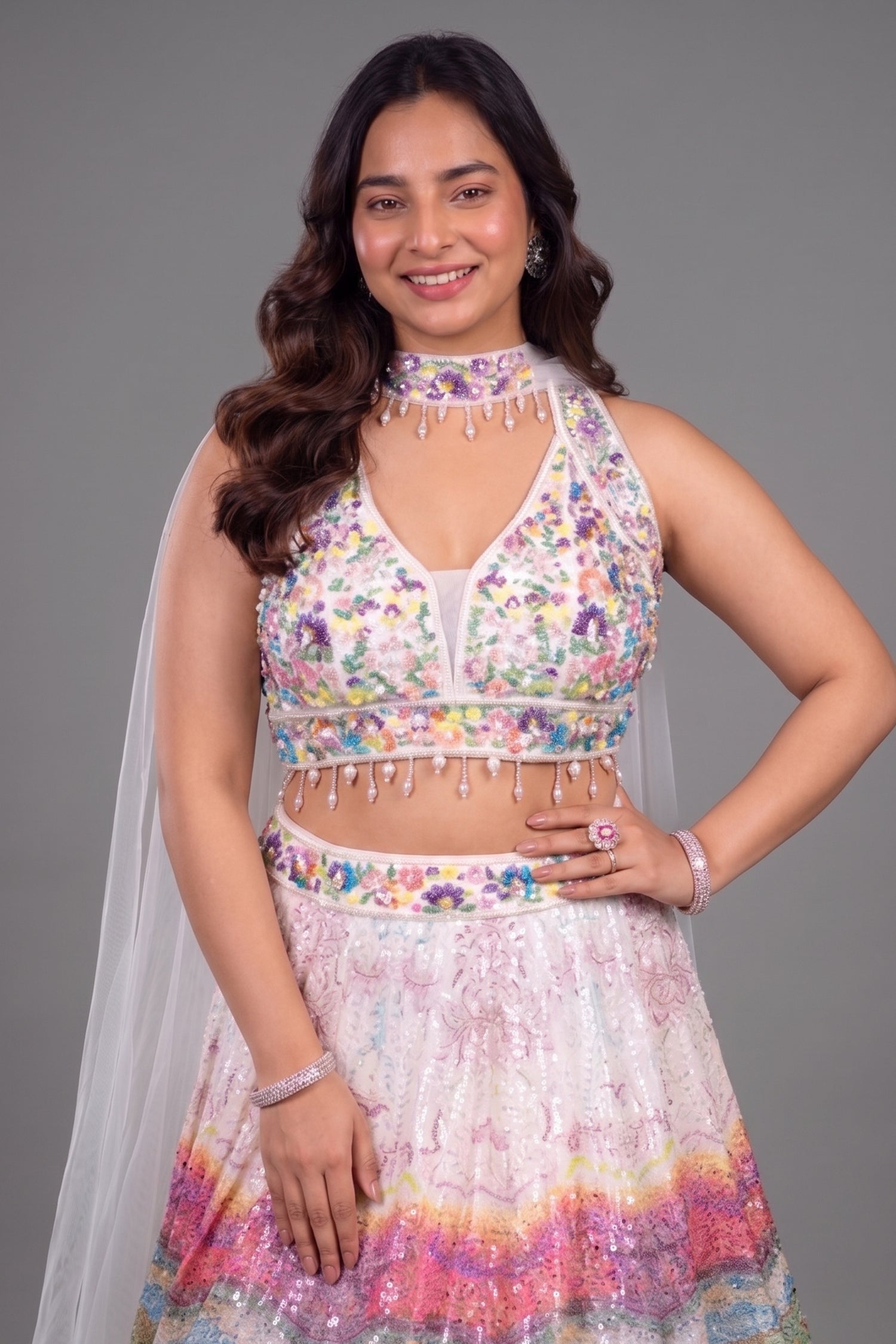 Ivory Crepe and Multi Colored Silk Floral Print Sequin Lehenga with Cutdana Net Choker Dupatta and Illusion Tie-Back Secondary image