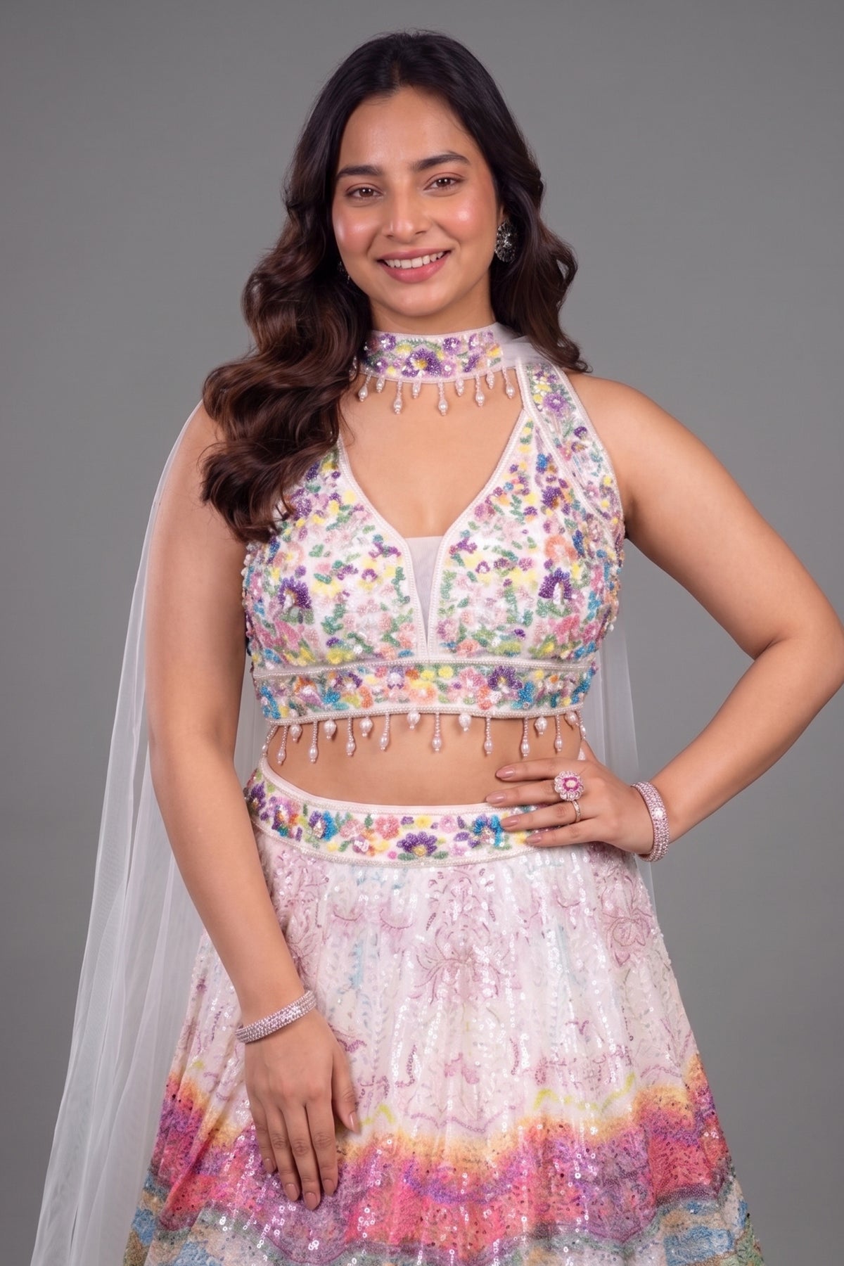 Ivory Crepe and Multi Colored Silk Floral Print Sequin Lehenga with Cutdana Net Choker Dupatta and Illusion Tie-Back
