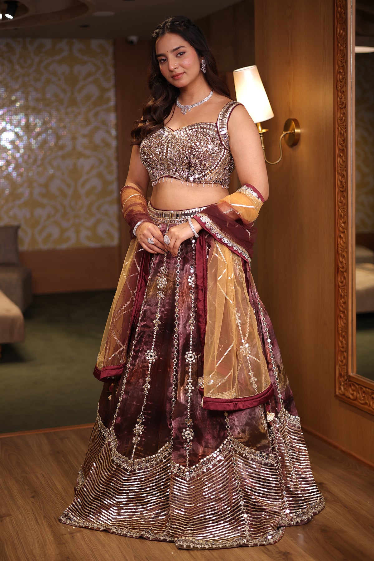 Deep Chocolate Brown Multi-Tonal Glass Tissue Lehenga Set with Encrusted Mirror Work