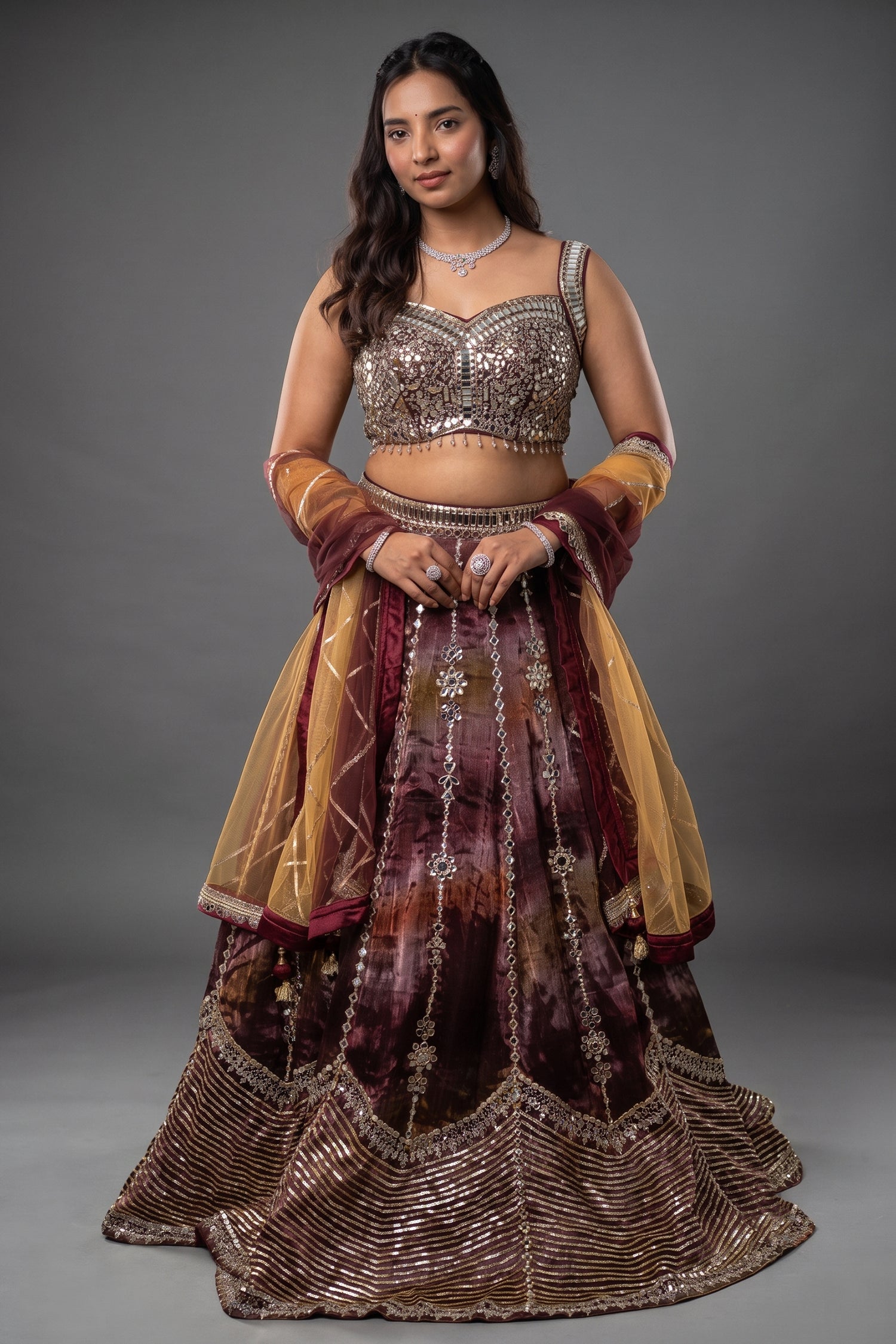 Deep Chocolate Brown Multi-Tonal Glass Tissue Lehenga Set with Encrusted Mirror Work