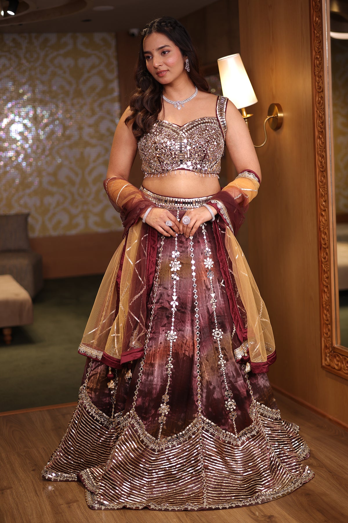Deep Chocolate Brown Multi-Tonal Glass Tissue Lehenga Set with Encrusted Mirror Work