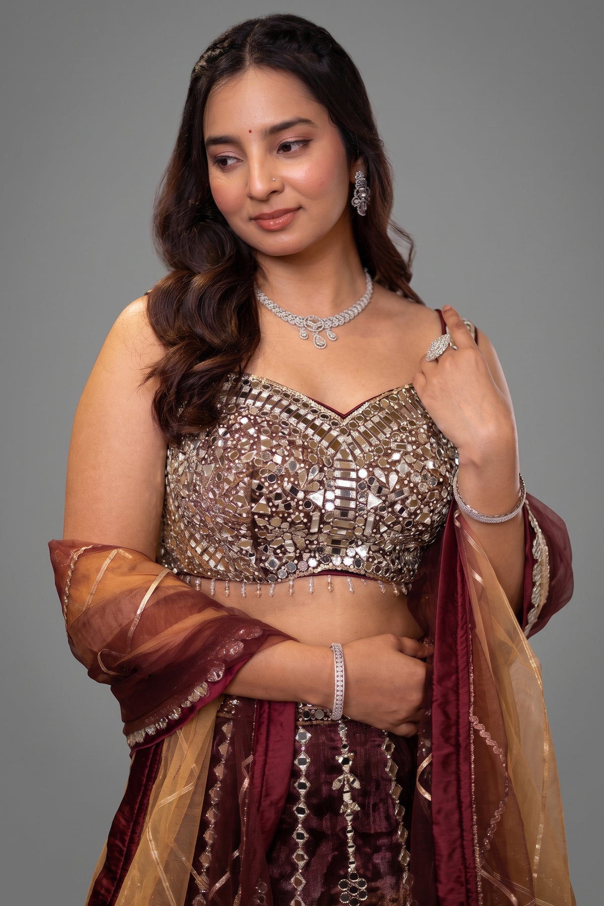 Deep Chocolate Brown Multi-Tonal Glass Tissue Lehenga Set with Encrusted Mirror Work