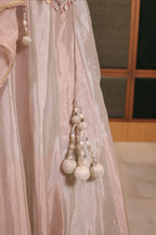 Icy Pink Silver Tissue Metallic Lehenga Set with Hand-Embroidered Peplum Corset Blouse