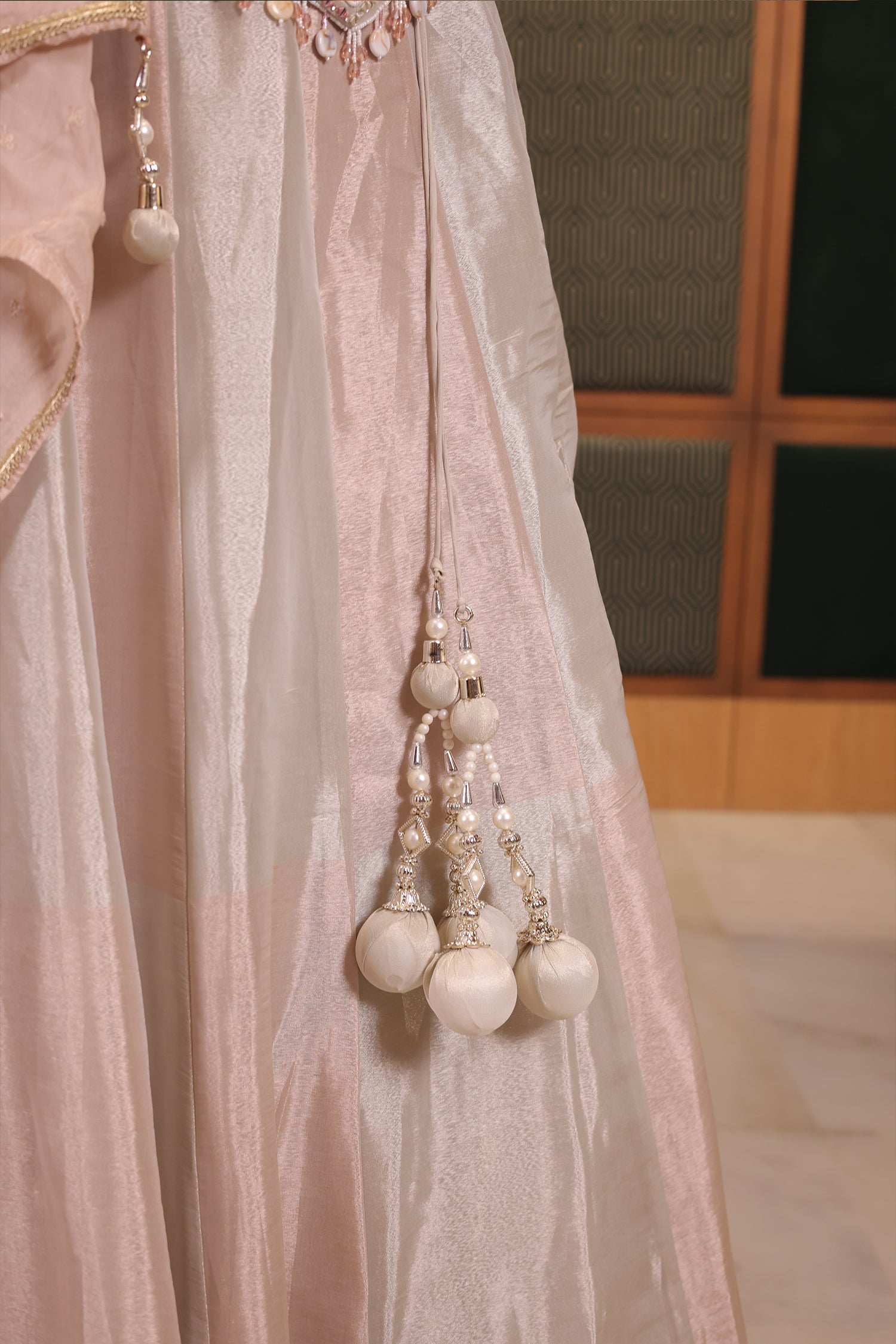 Icy Pink Silver Tissue Metallic Lehenga Set with Hand-Embroidered Peplum Corset Blouse