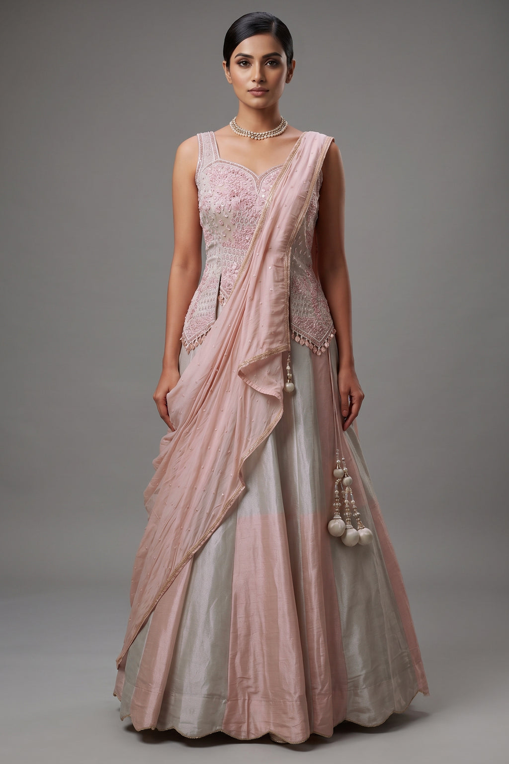 Icy Pink Silver Tissue Metallic Lehenga Set with Hand-Embroidered Peplum Corset Blouse