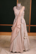 Icy Pink Silver Tissue Metallic Lehenga Set with Hand-Embroidered Peplum Corset Blouse