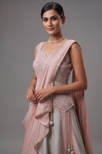 Icy Pink Silver Tissue Metallic Lehenga Set with Hand-Embroidered Peplum Corset Blouse