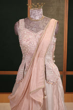 Icy Pink Silver Tissue Metallic Lehenga Set with Hand-Embroidered Peplum Corset Blouse