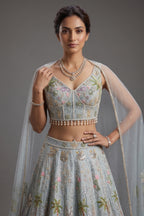 Powder Blue Tissue Flared Lehenga Skirt with Cutdana Embroidered Net Bustier and Sequin Cape Sleeves