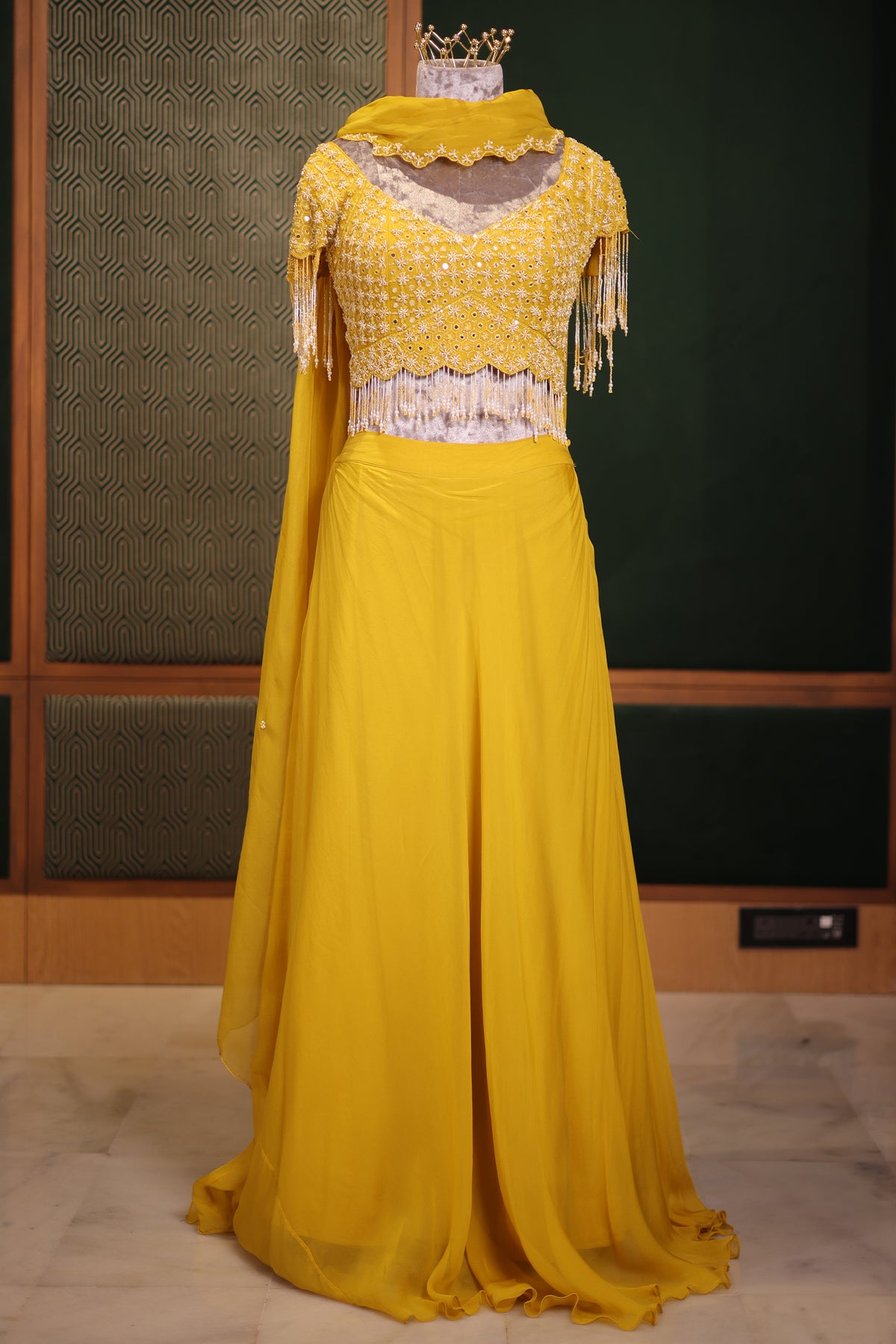 Canary Yellow Georgette Minimalist Lehenga Skirt with Heavy Hand-Embroidered Fringe Choli