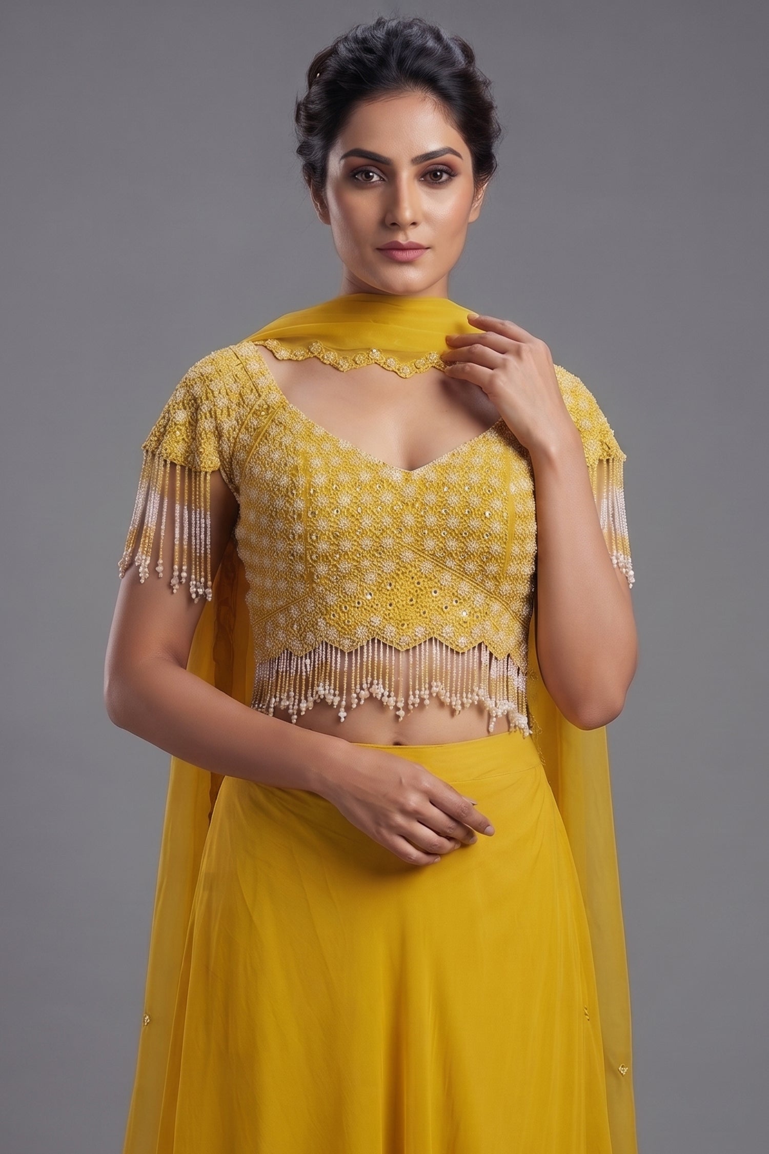 Canary Yellow Georgette Minimalist Lehenga Skirt with Heavy Hand-Embroidered Fringe Choli Secondary image