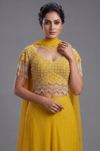 Canary Yellow Georgette Minimalist Lehenga Skirt with Heavy Hand-Embroidered Fringe Choli