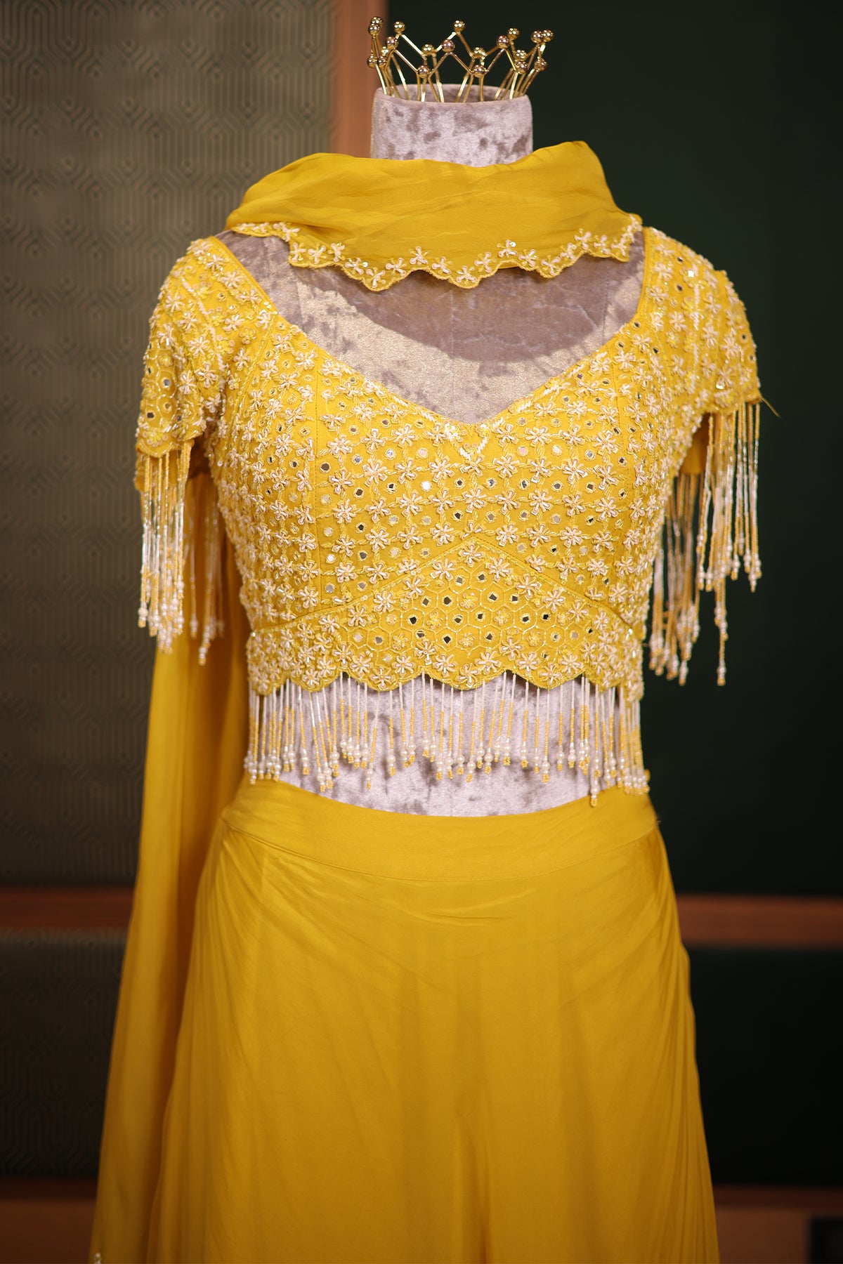 Canary Yellow Georgette Minimalist Lehenga Skirt with Heavy Hand-Embroidered Fringe Choli