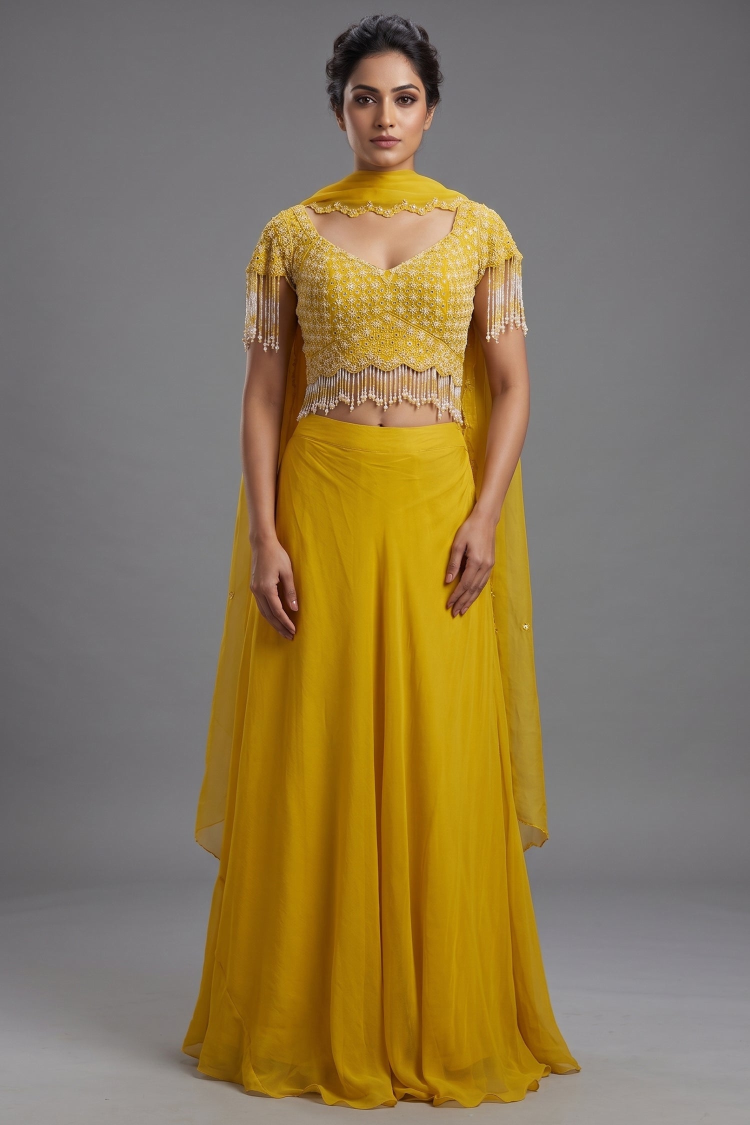 Canary Yellow Georgette Minimalist Lehenga Skirt with Heavy Hand-Embroidered Fringe Choli Main image