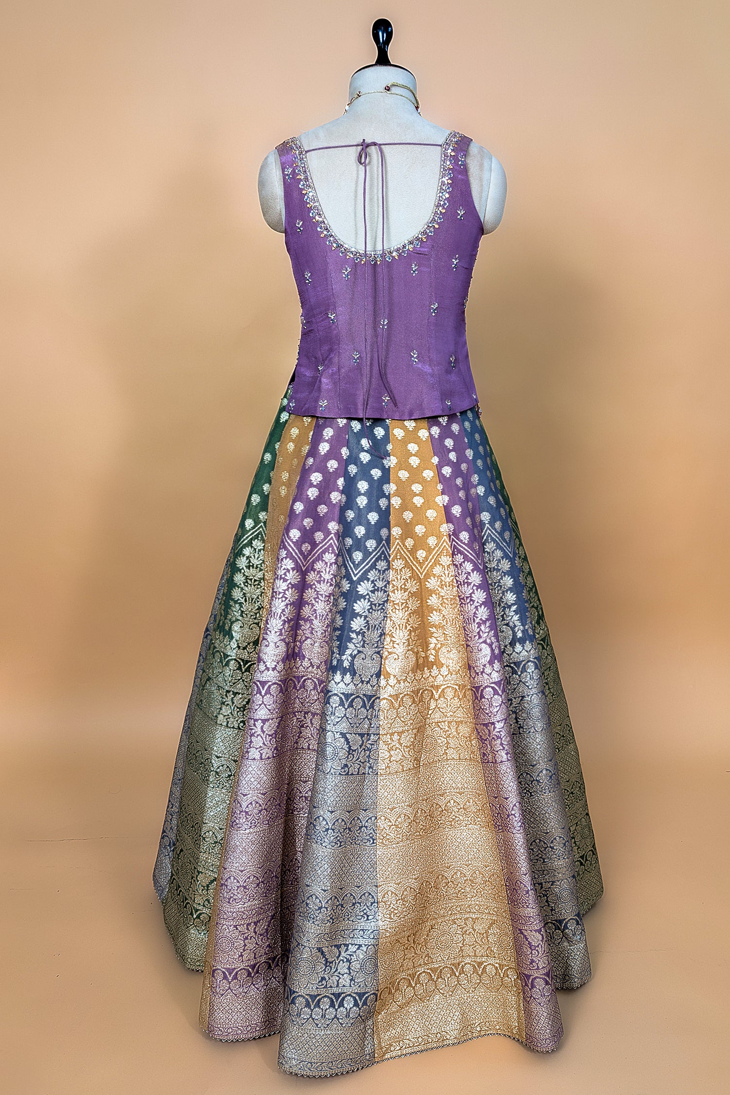 Multi-Tone Shaded Tissue Woven Lehenga Skirt with Lavender Hand-Embroidered Silk Corset Blouse
