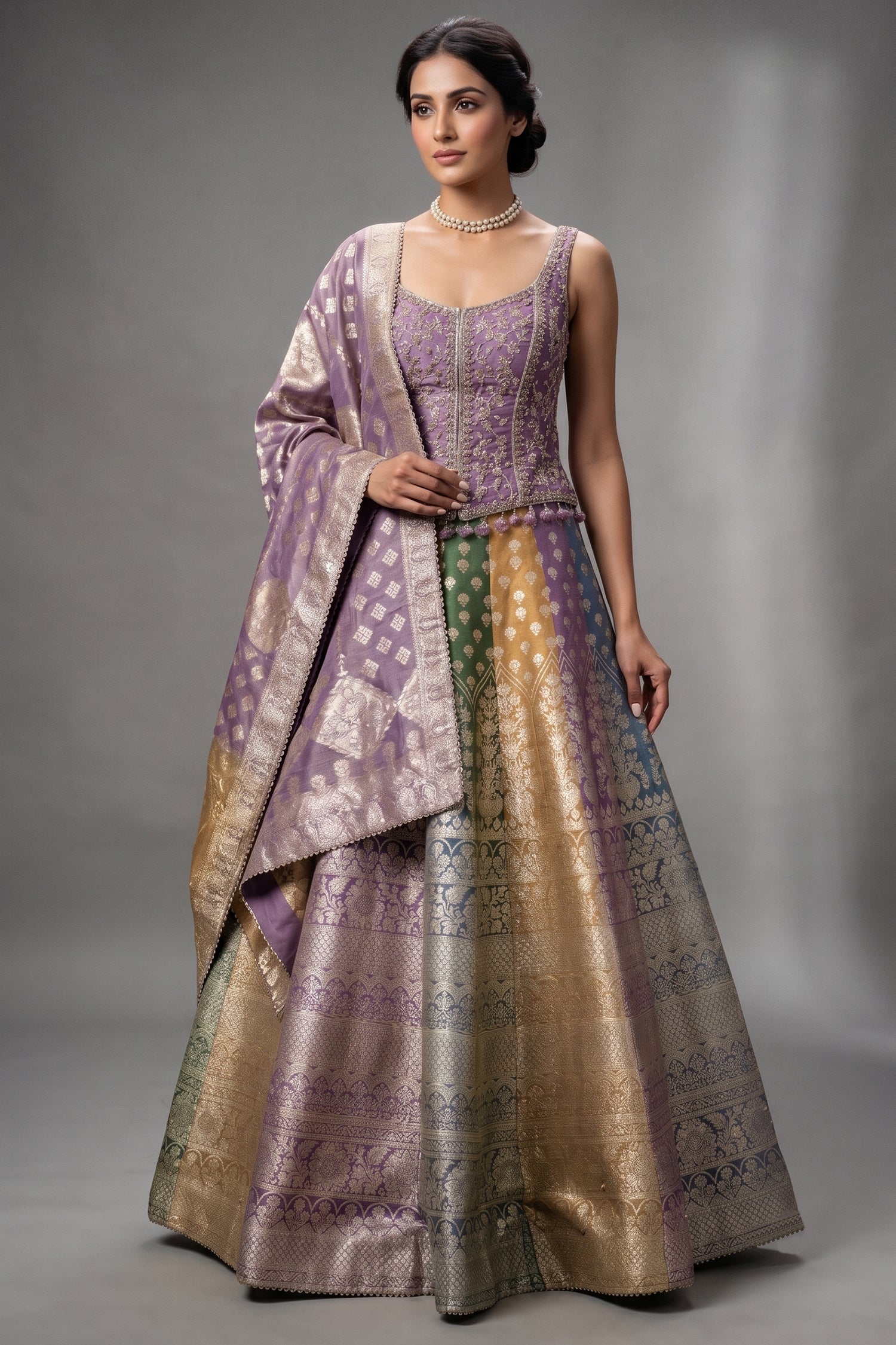 Multi-Tone Shaded Tissue Woven Lehenga Skirt with Lavender Hand-Embroidered Silk Corset Blouse Main image