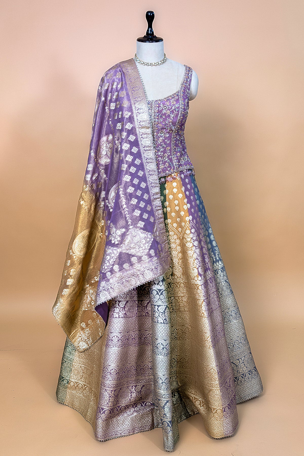 Multi-Tone Shaded Tissue Woven Lehenga Skirt with Lavender Hand-Embroidered Silk Corset Blouse