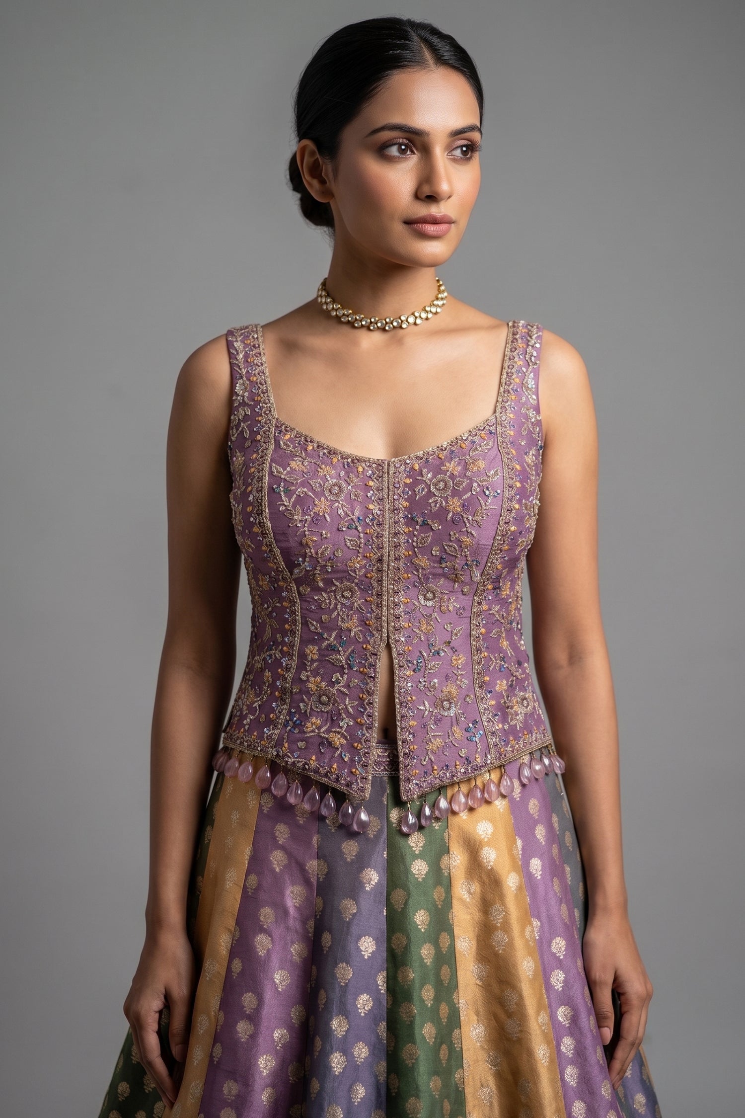 Multi-Tone Shaded Tissue Woven Lehenga Skirt with Lavender Hand-Embroidered Silk Corset Blouse Secondary image