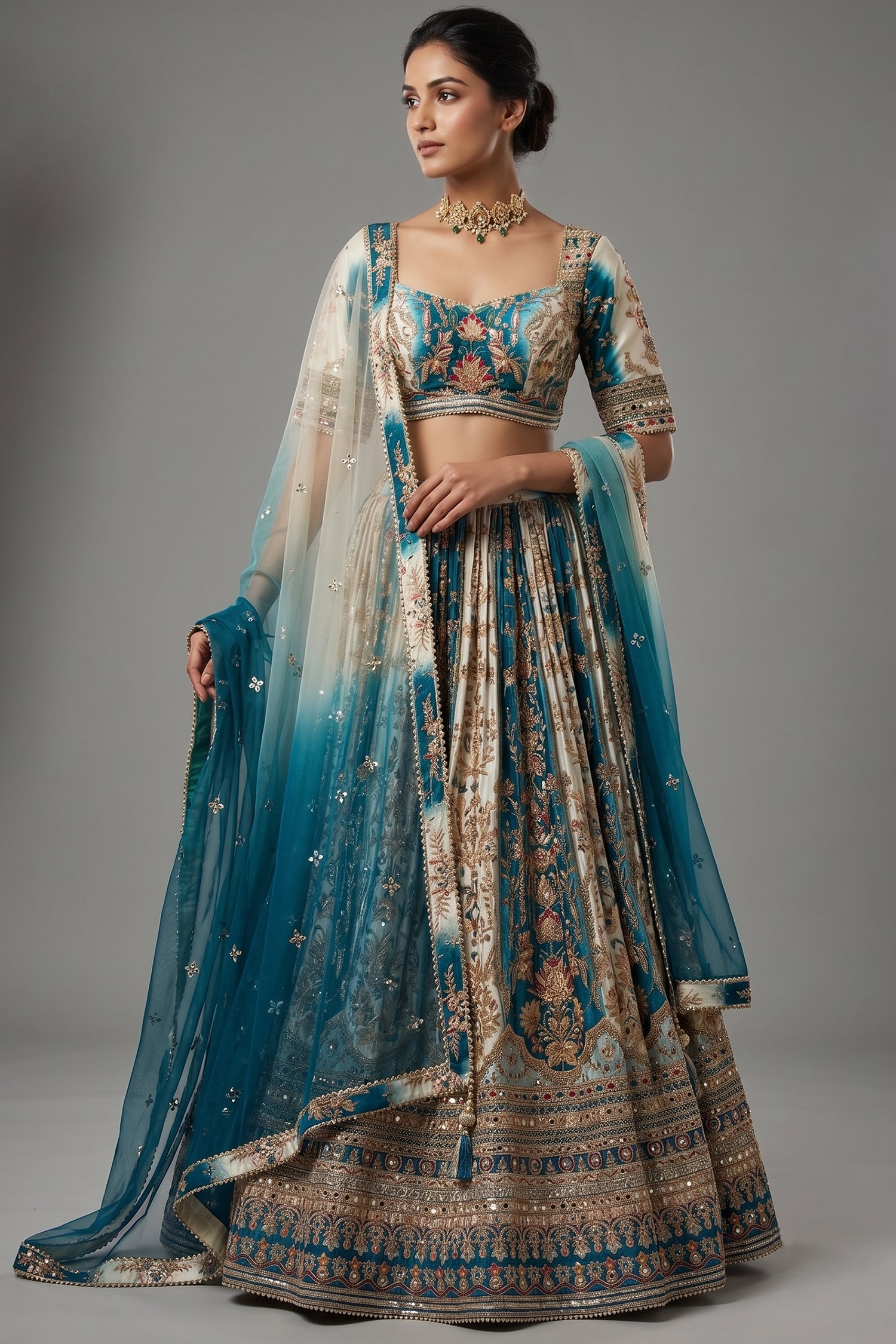 Cream and Rama Green Ombré Crepe Silk Hand-Embroidered Lehenga Set Main image