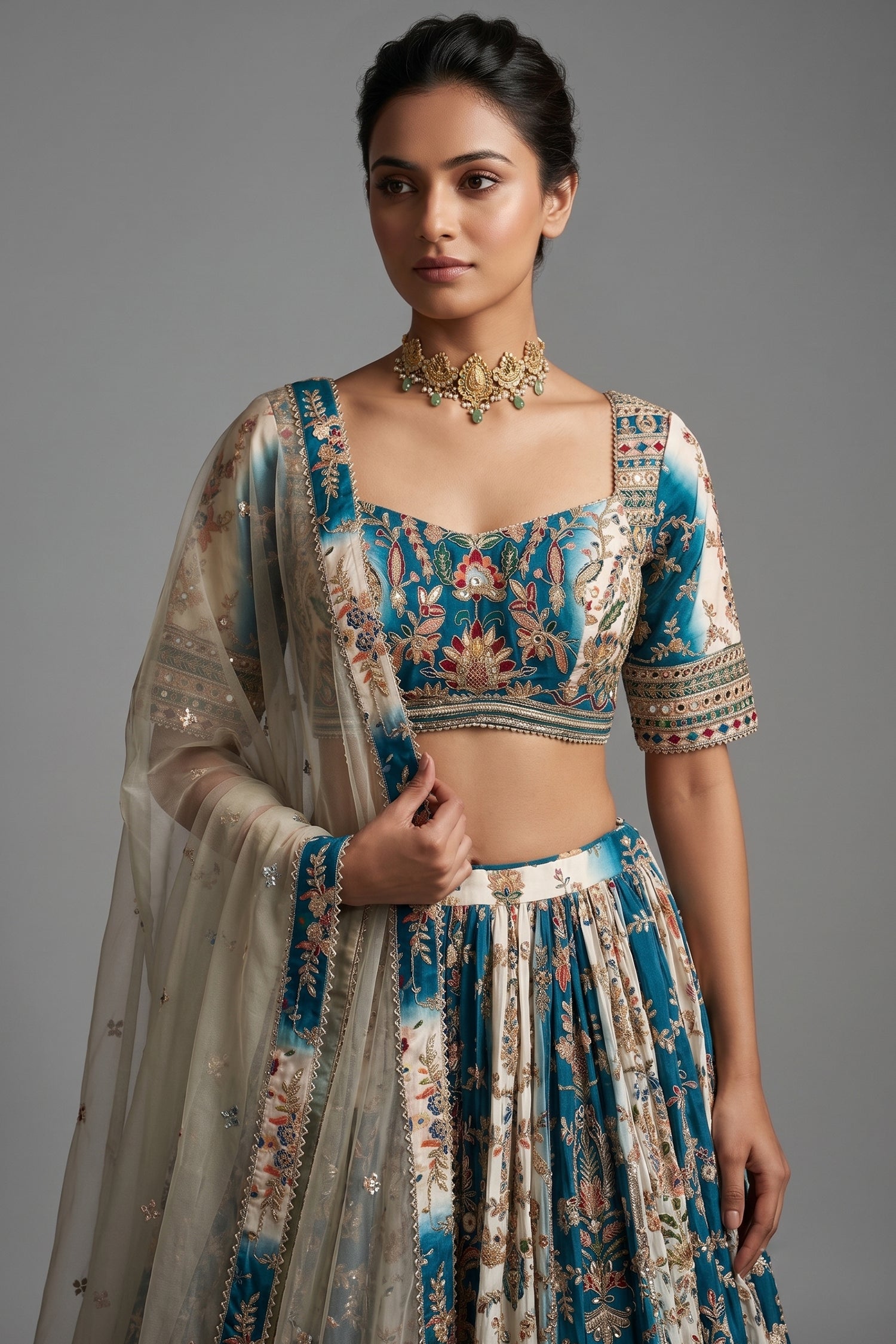Cream and Rama Green Ombré Crepe Silk Hand-Embroidered Lehenga Set Secondary image