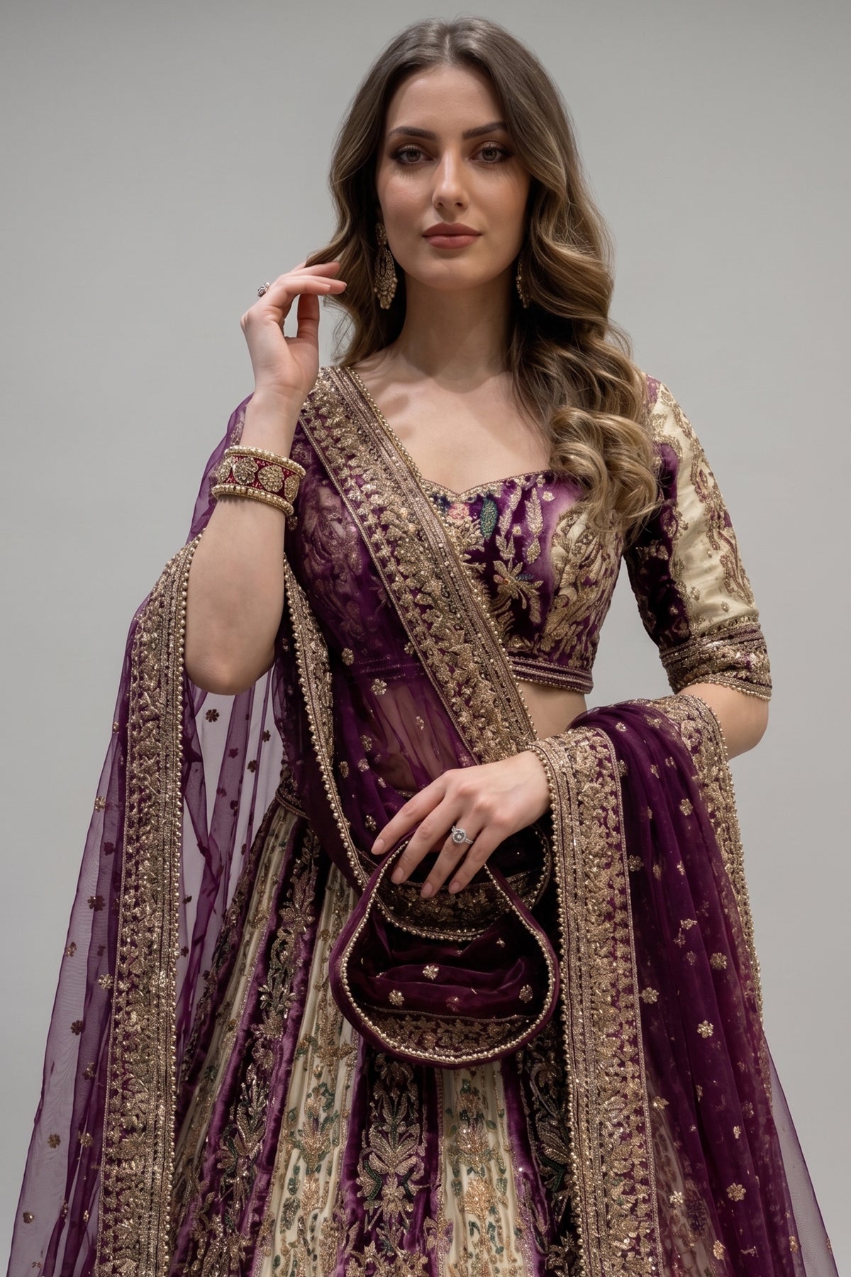 Cream and Wine Ombré Crepe Silk Hand-Embroidered Lehenga Set