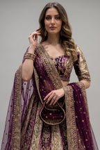 Cream and Wine Ombré Crepe Silk Hand-Embroidered Lehenga Set