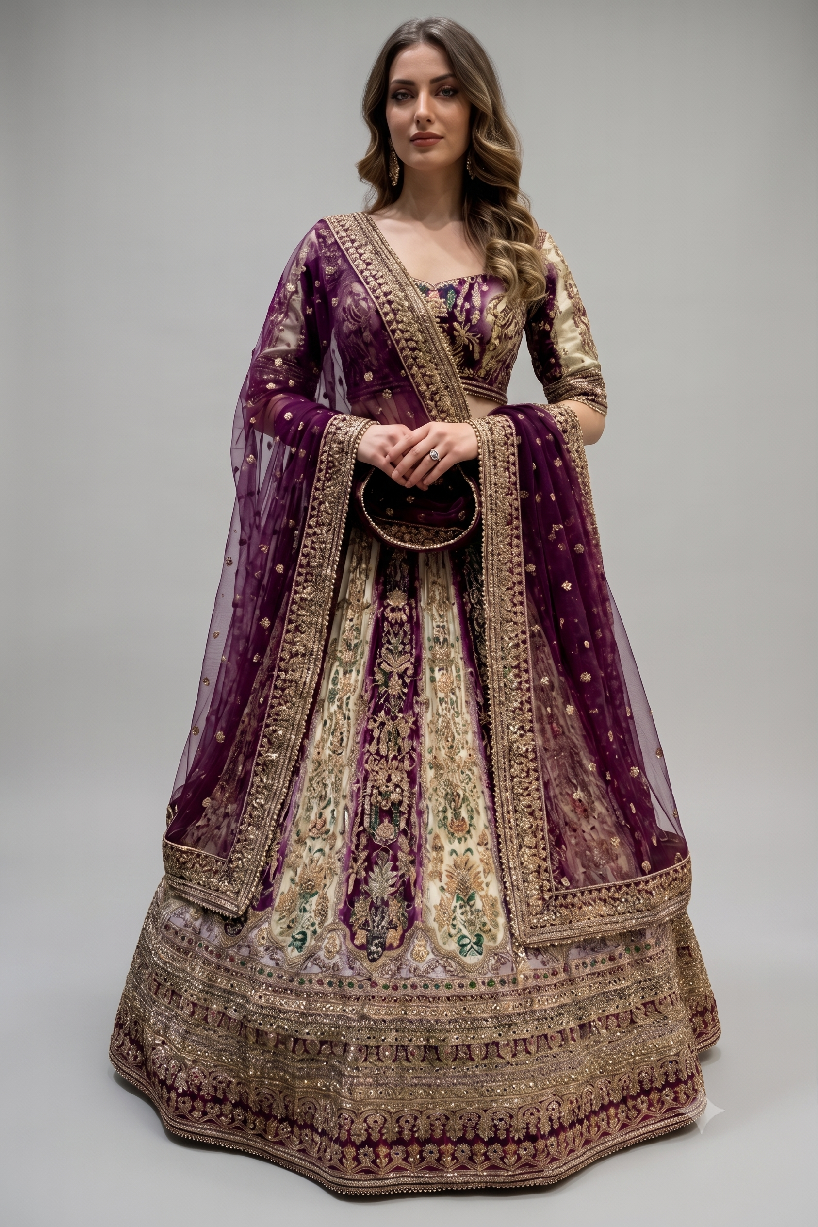Cream and Wine Ombré Crepe Silk Hand-Embroidered Lehenga Set Main image