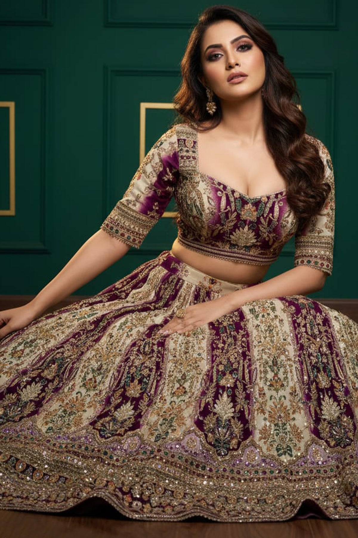 Cream and Wine Ombré Crepe Silk Hand-Embroidered Lehenga Set