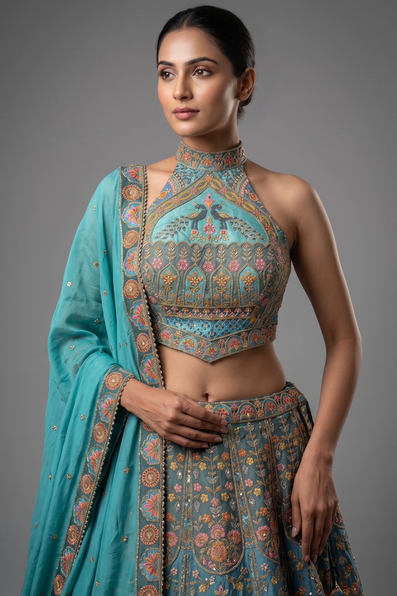 Firuza Blue Silk Pichwai Printed Lehenga with Mirror and Sequin Embroidered Halter Blouse Secondary image