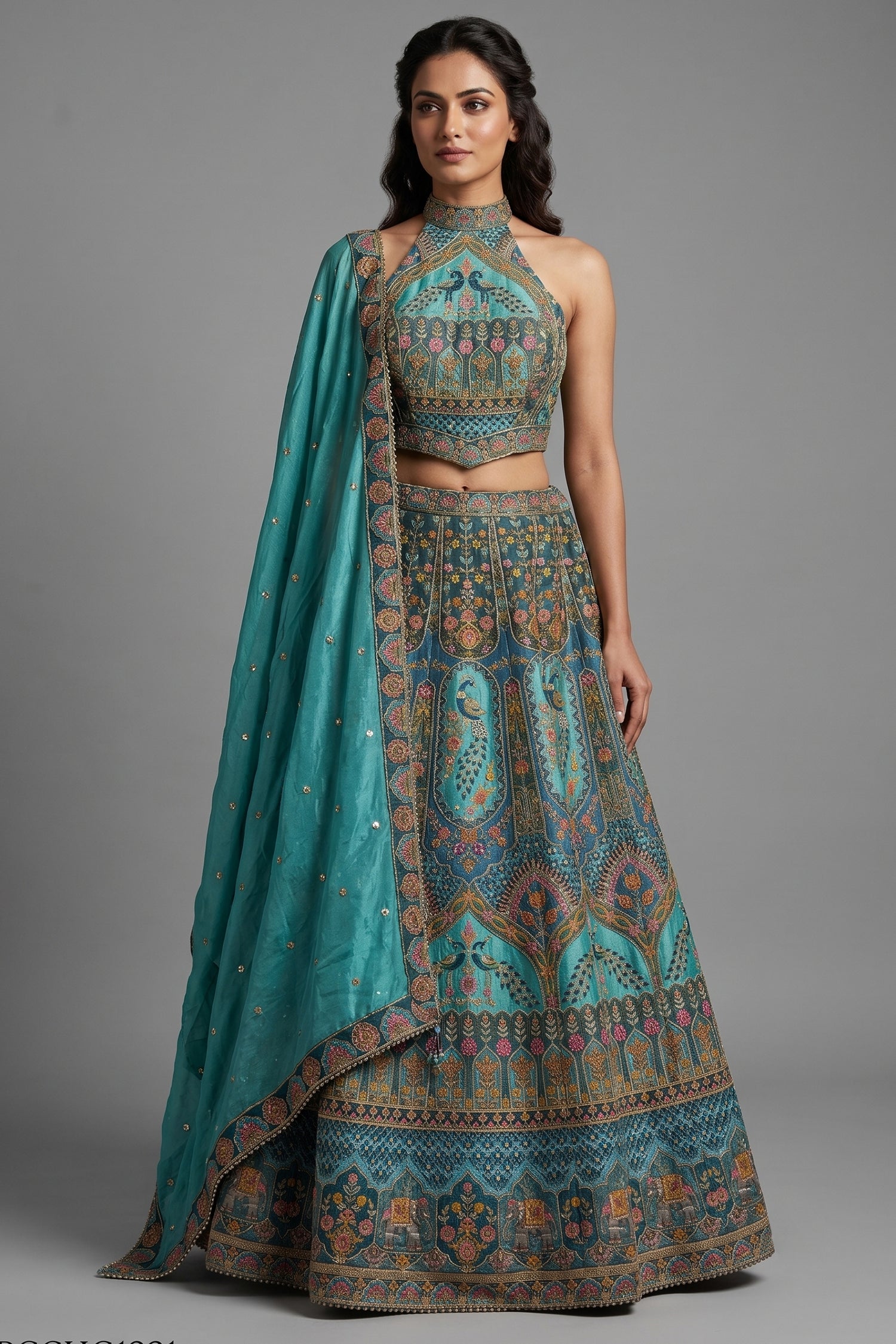 Firuza Blue Silk Pichwai Printed Lehenga with Mirror and Sequin Embroidered Halter Blouse Main image