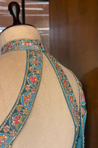 Firuza Blue Silk Pichwai Printed Lehenga with Mirror and Sequin Embroidered Halter Blouse