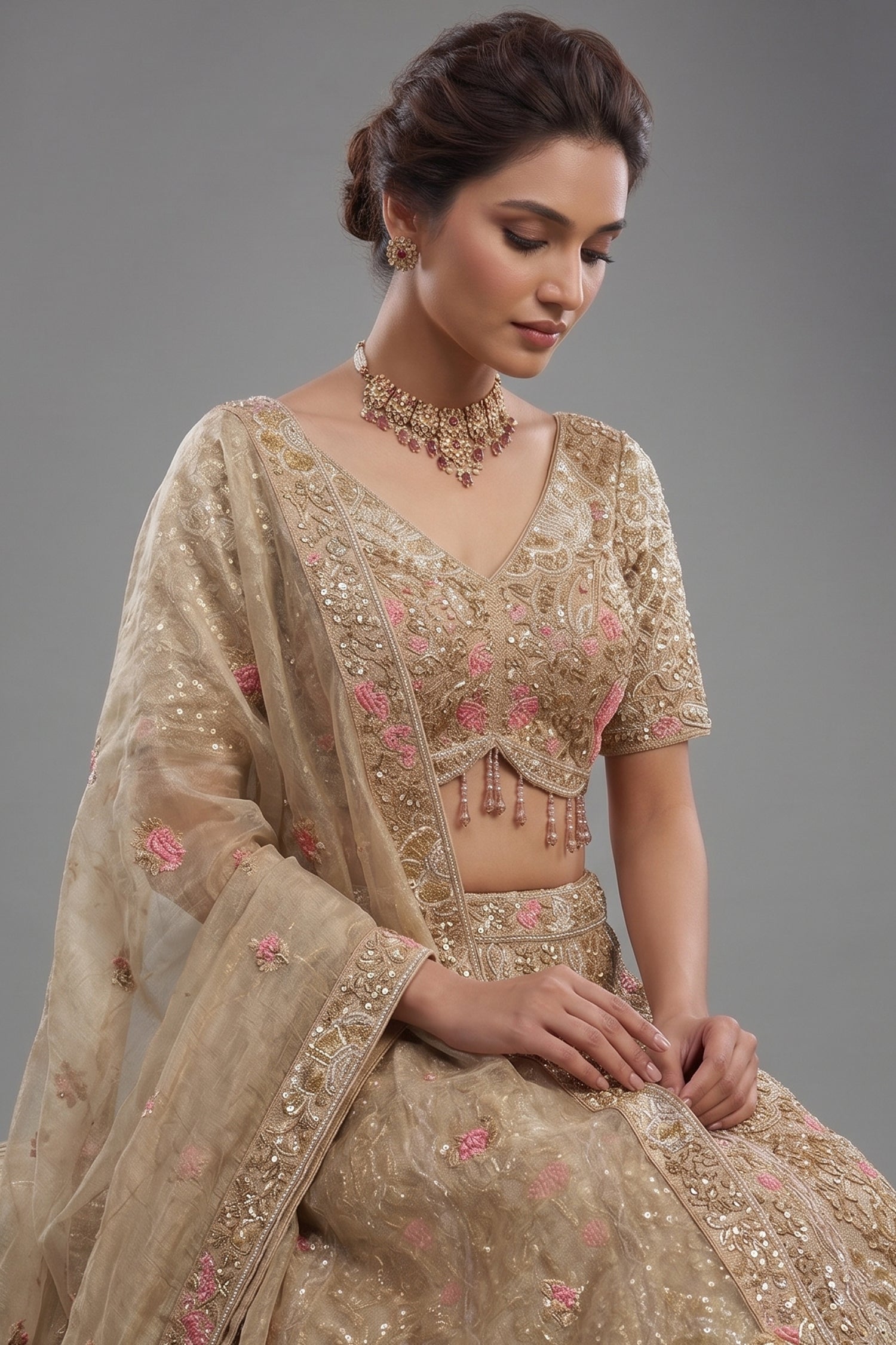 Metallic Beige Tissue Hand-Embroidered Cutdana and Sequin Lehenga Set Secondary image