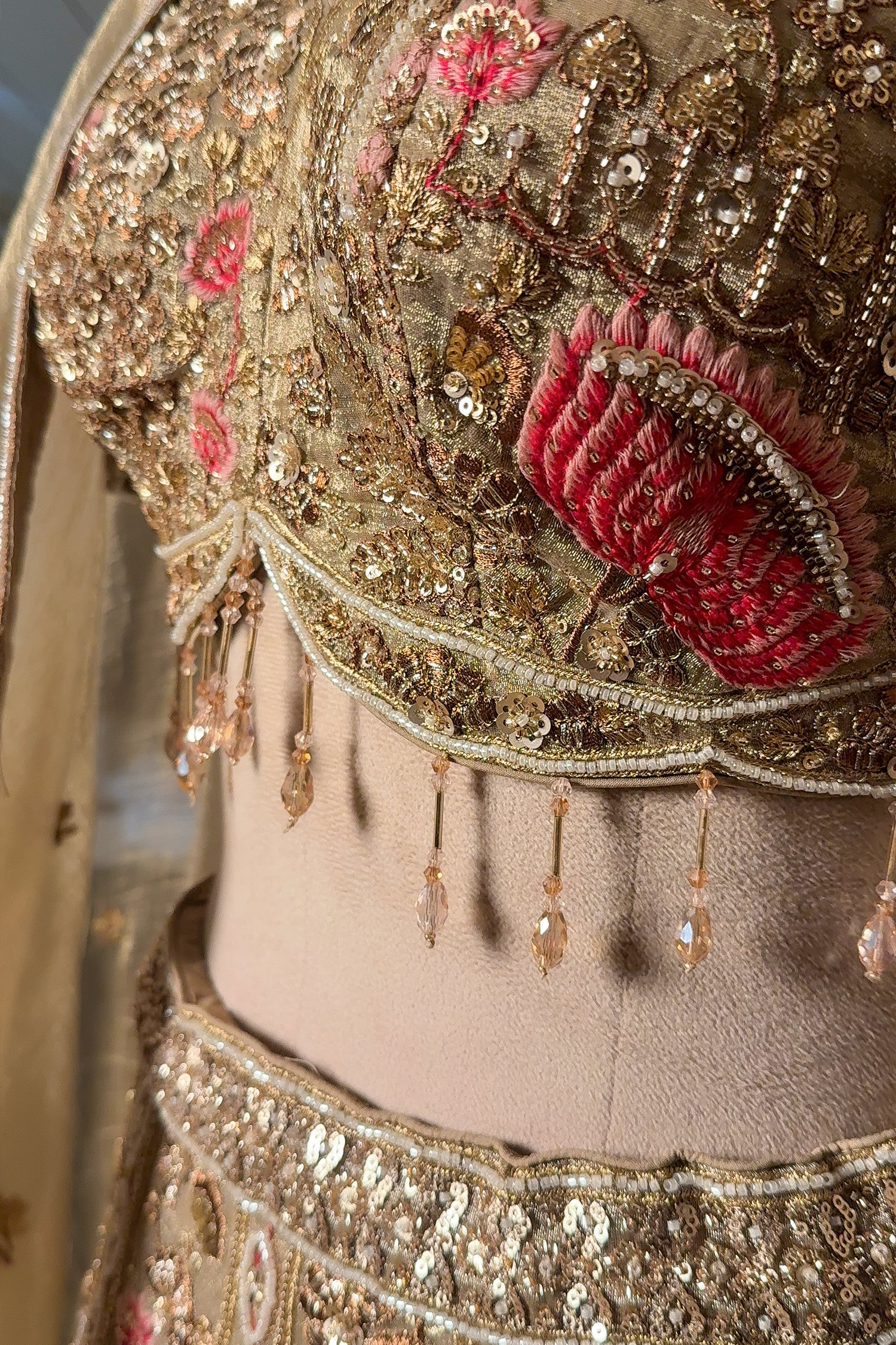Metallic Beige Tissue Hand-Embroidered Cutdana and Sequin Lehenga Set