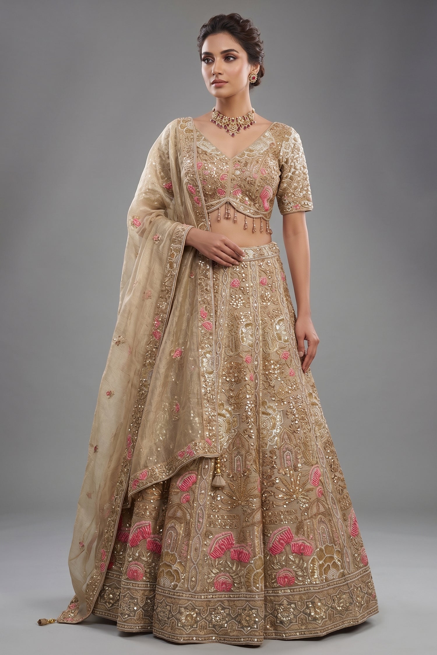 Metallic Beige Tissue Hand-Embroidered Cutdana and Sequin Lehenga Set Main image