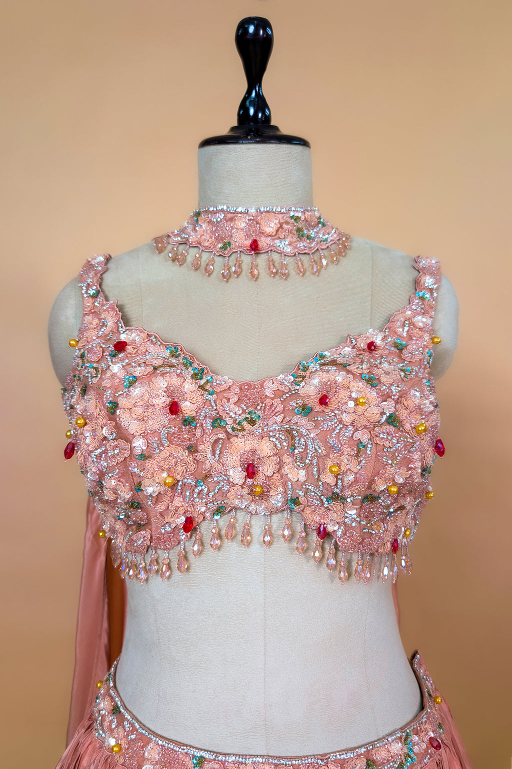 Dusty Rose Chinon Crepe Silk Crush Lehenga with Encrusted Cutdana Bustier Choli