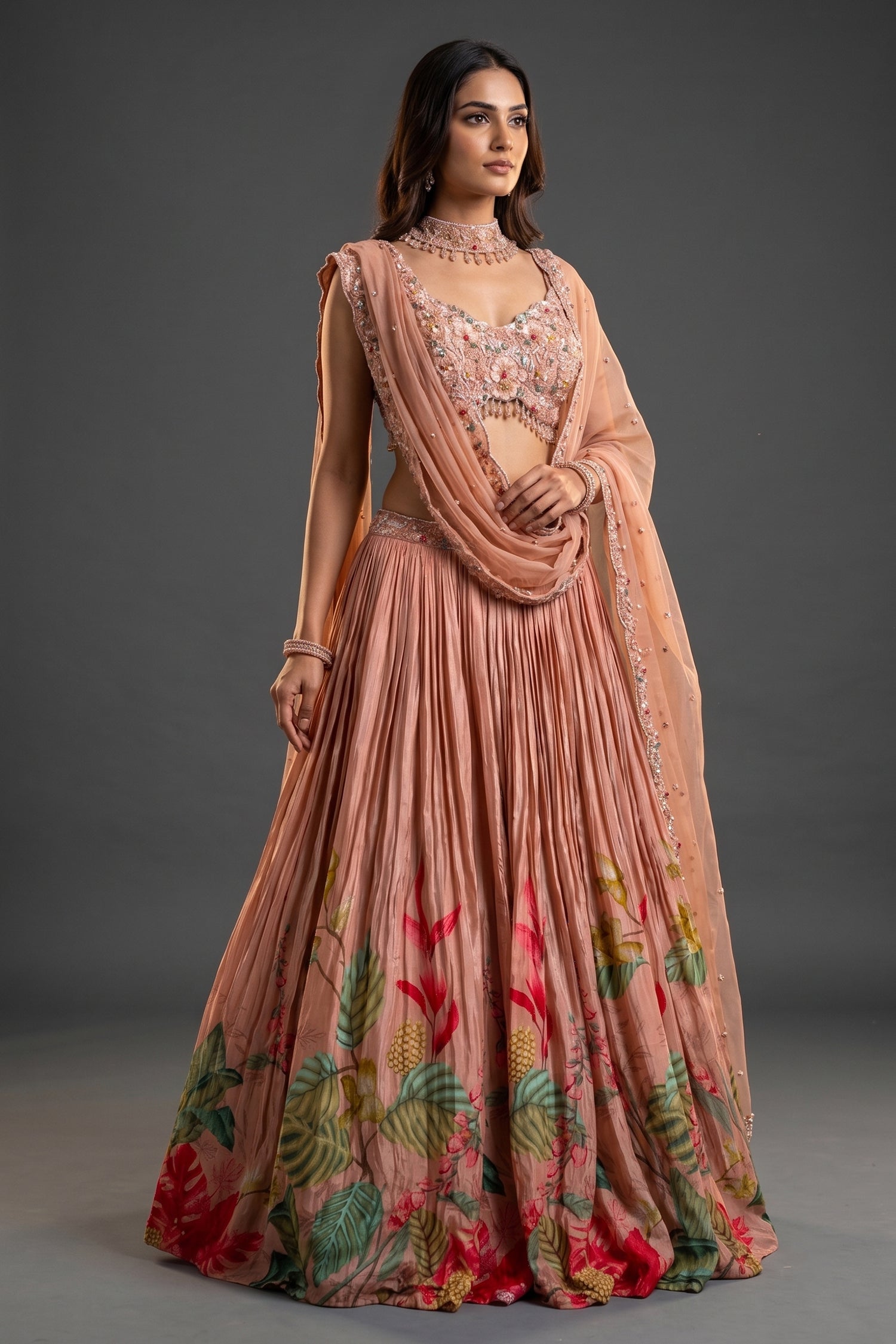 Dusty Rose Chinon Crepe Silk Crush Lehenga with Encrusted Cutdana Bustier Choli Main image