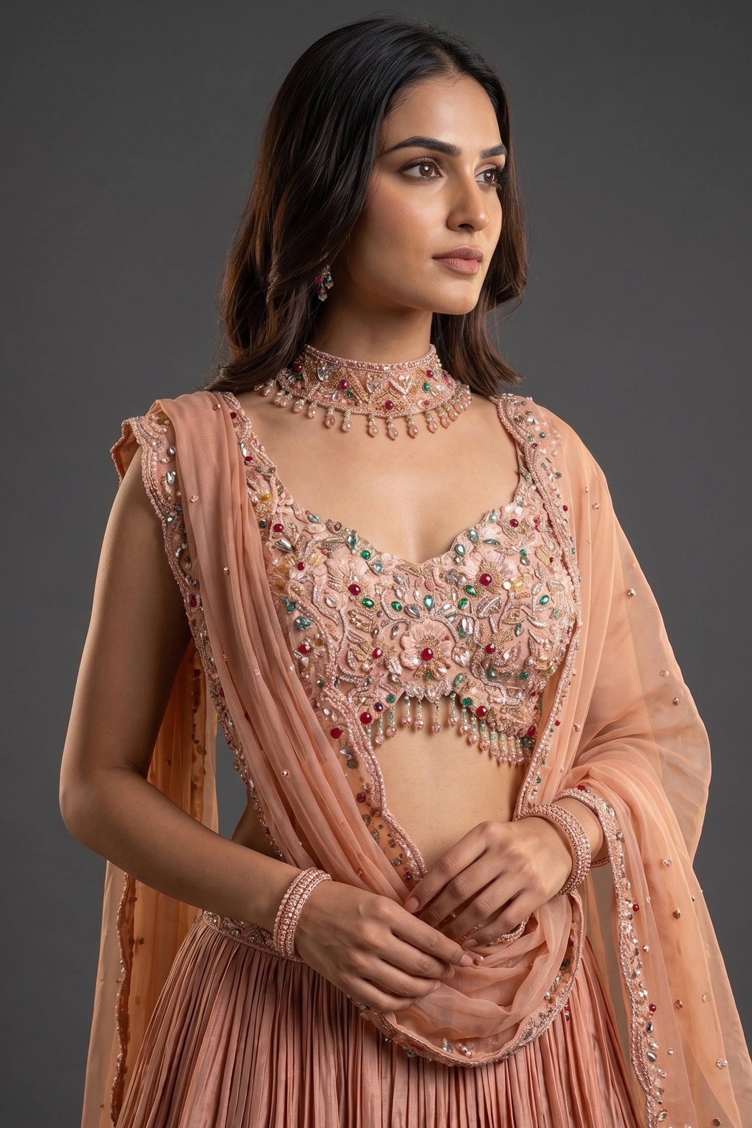 Dusty Rose Chinon Crepe Silk Crush Lehenga with Encrusted Cutdana Bustier Choli Secondary image