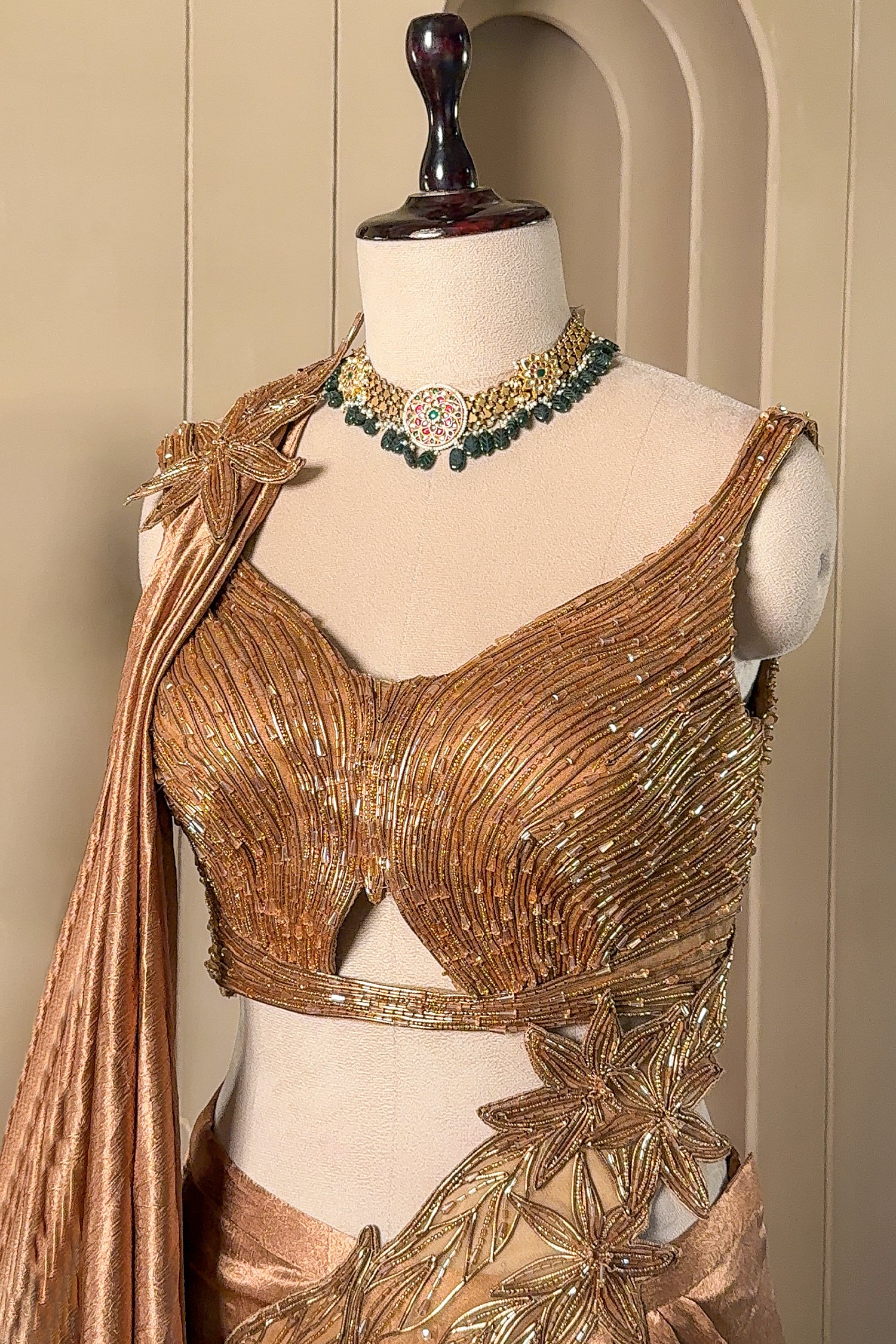 Rose Gold Chinon Crepe Silk Lehenga Skirt with Concept Cutdana Cut-Out Blouse