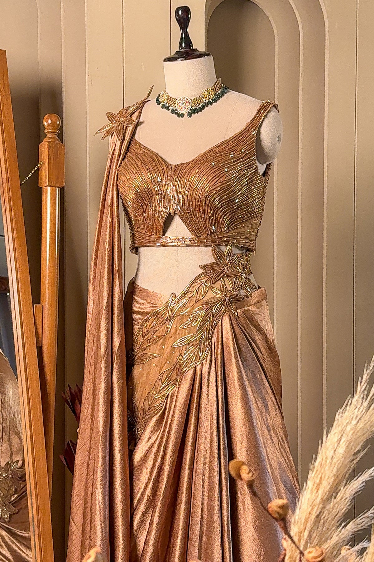 Rose Gold Chinon Crepe Silk Lehenga Skirt with Concept Cutdana Cut-Out Blouse