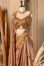 Rose Gold Chinon Crepe Silk Lehenga Skirt with Concept Cutdana Cut-Out Blouse