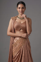 Rose Gold Chinon Crepe Silk Lehenga Skirt with Concept Cutdana Cut-Out Blouse