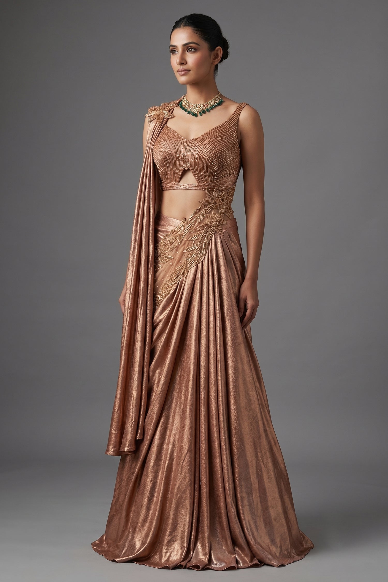 Rose Gold Chinon Crepe Silk Lehenga Skirt with Concept Cutdana Cut-Out Blouse Main image