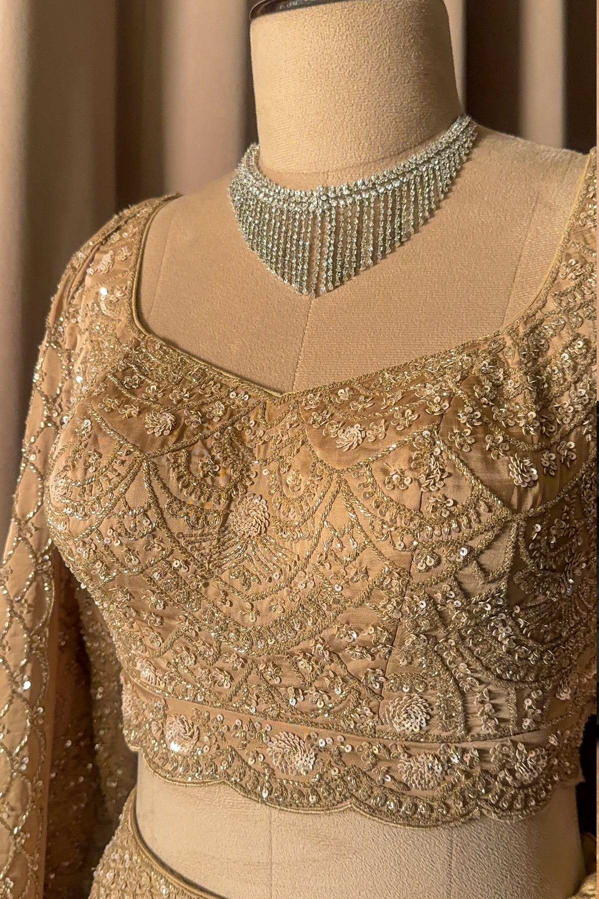 Nude Beige Satin Silk Flared Lehenga with Intricate Geometric Sequin Blouse and Lattice Dupatta