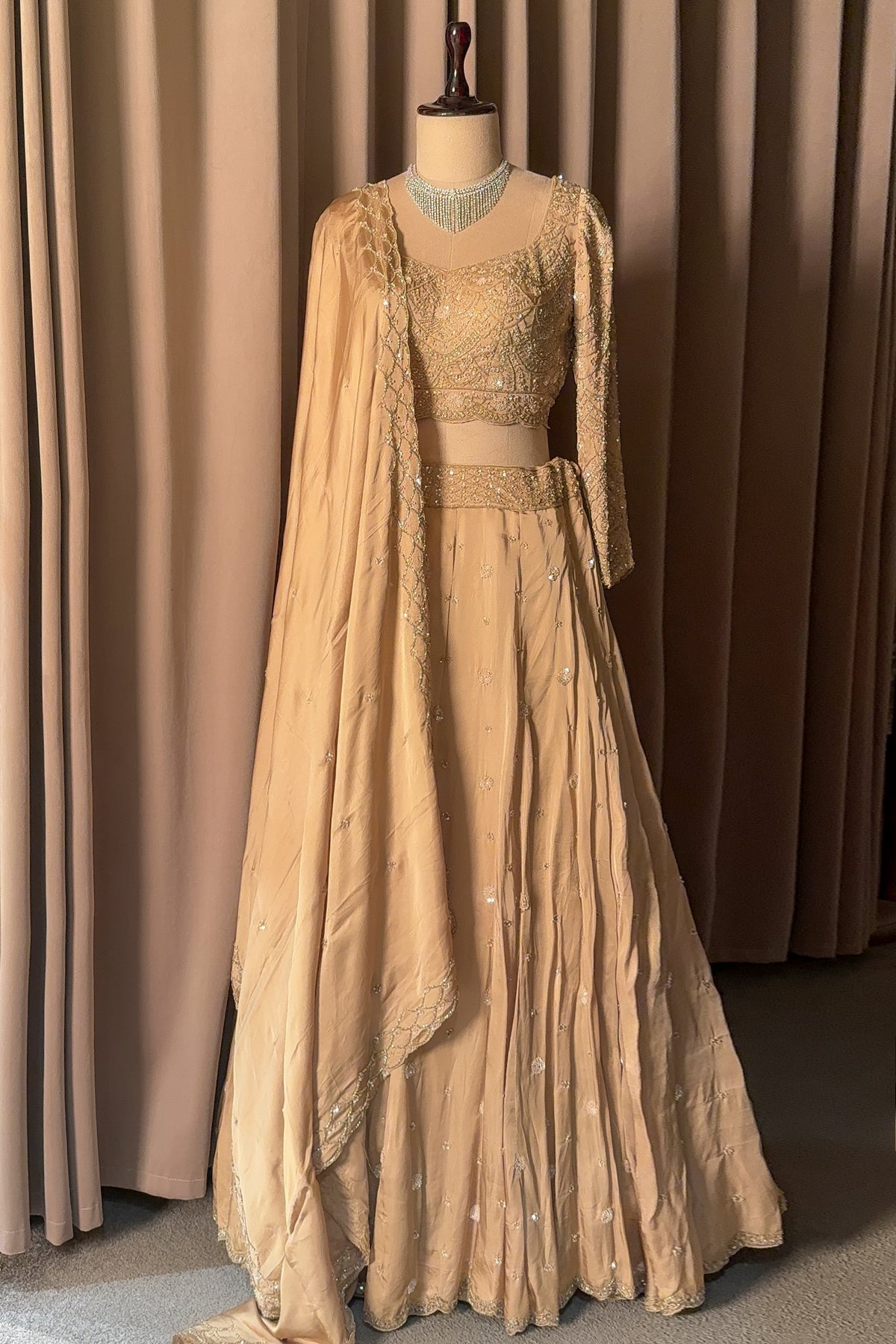 Nude Beige Satin Silk Flared Lehenga with Intricate Geometric Sequin Blouse and Lattice Dupatta