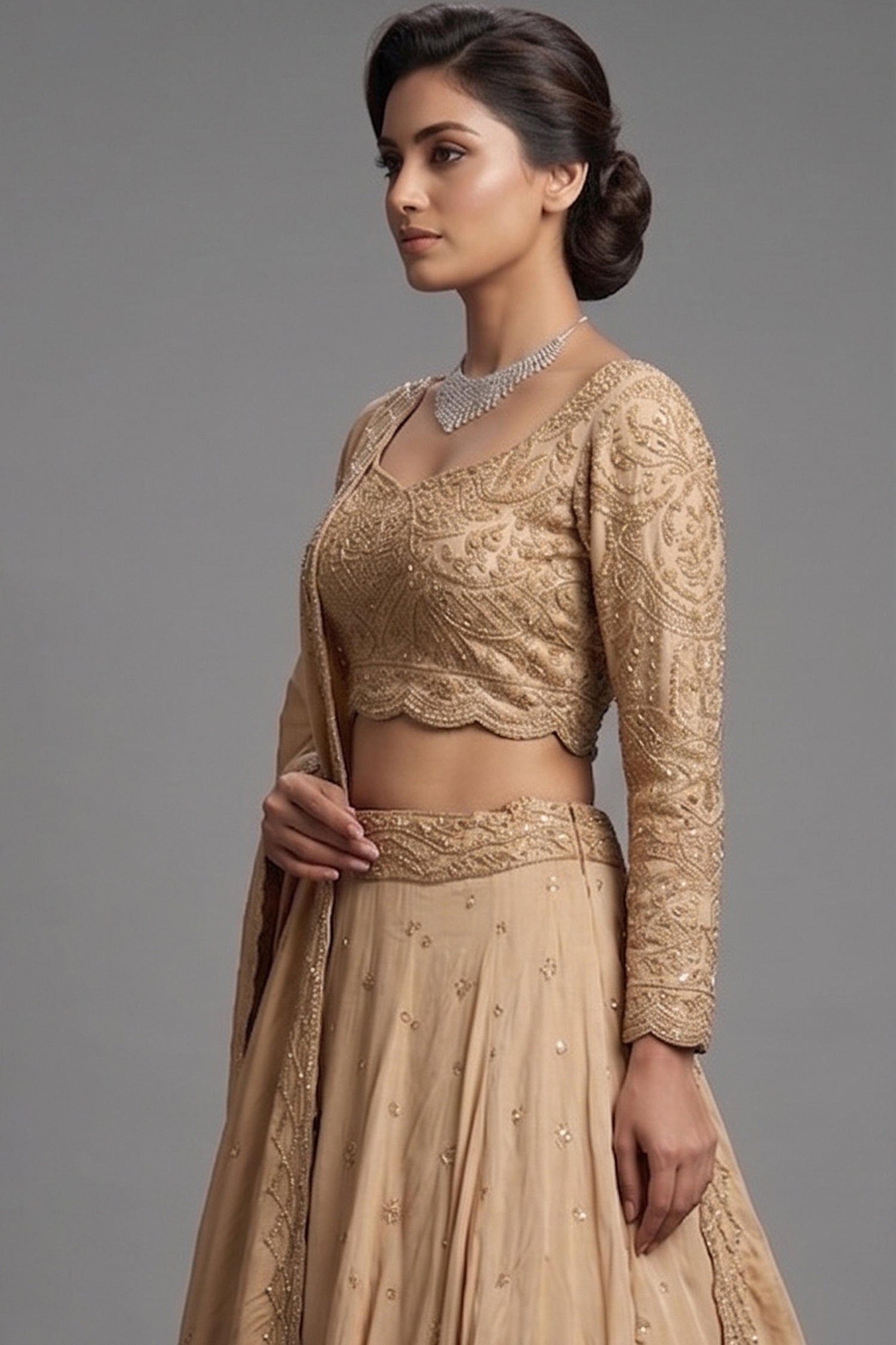 Nude Beige Satin Silk Flared Lehenga with Intricate Geometric Sequin Blouse and Lattice Dupatta Secondary image