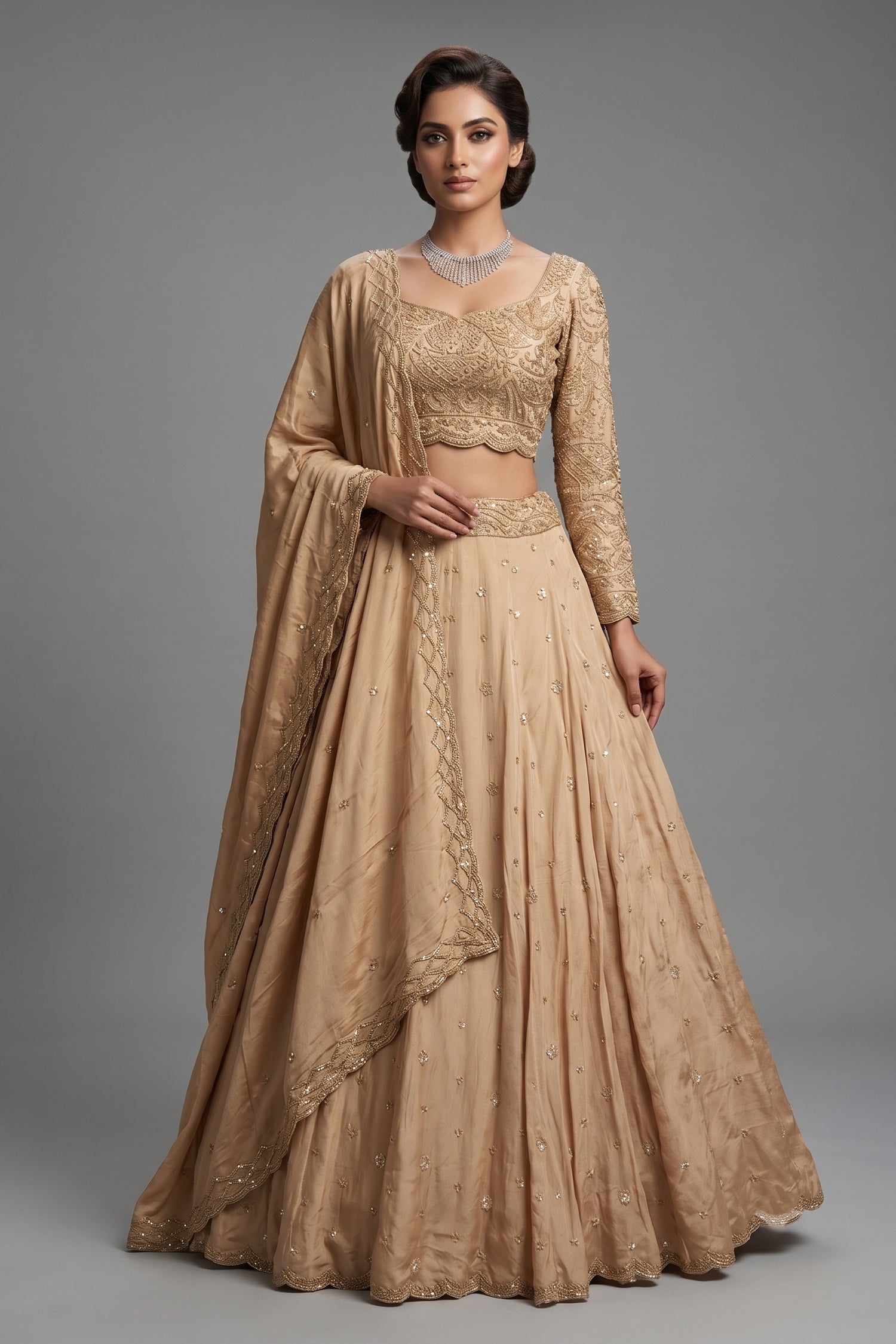Nude Beige Satin Silk Flared Lehenga with Intricate Geometric Sequin Blouse and Lattice Dupatta Main image